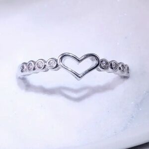 Dainty Minimalist Hollow Heart and Rhinestone Silver Tone Ring Size 8